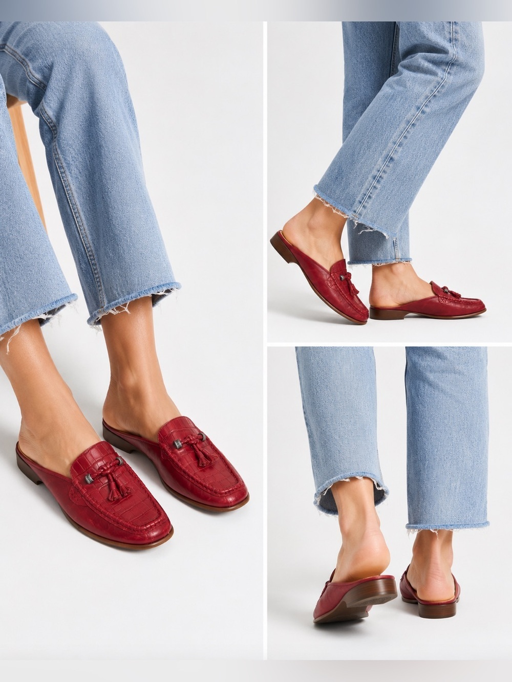Brighton Julie Red Croc Embossed Leather Mule Loafers Tassel Slides Sz 10